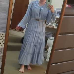 Baby Blue Ruche-Neck Tiered Maxi Dress